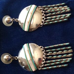 Native American Mother Of Pearl & Turquoise Sterling Silver Dangle Stud Earrings
